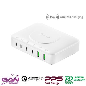 Stație de încărcare GaN 7 în 1 4smarts - 100W, 4x USB-C, 2x USB-A - Alb