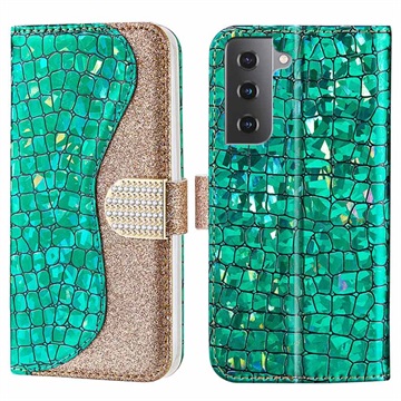 Husă Portofel Samsung Galaxy S21 FE 5G - Croco Bling - Verde