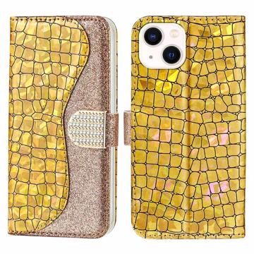 Husă Portofel iPhone 14 Plus - Croco Bling - Auriu