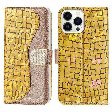 Husă Portofel iPhone 14 Pro - Croco Bling - Auriu