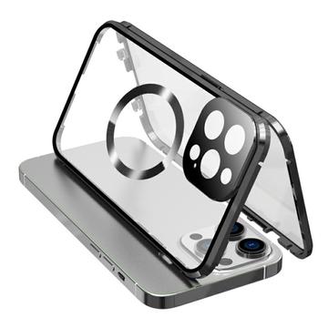 Geam temperat cu două fețe + cadru metalic magnetic anti-cădere pentru iPhone 15 compatibil cu capacul de telefon MagSafe cu blocare cu cataramă - negru