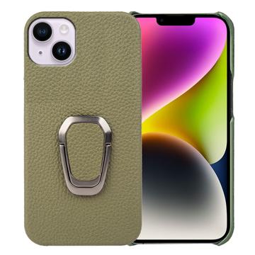 Husă Acoperită cu Piele cu Suport Inel iPhone 14 Plus - Verde închis