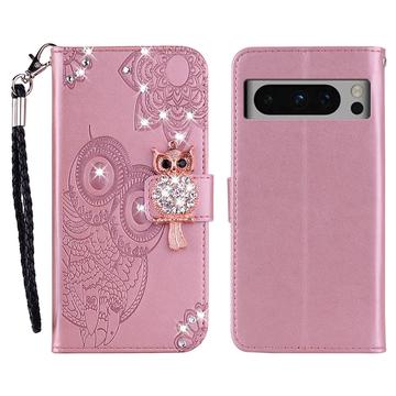 Google Pixel 8 Pro Bufniță Rhinestone portofel caz - Auriu Roze