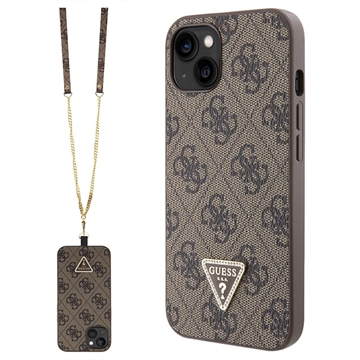 Husă iPhone 15 cu Curea Crossbody - Guess 4G Strass Triangle Metal Logo - Maro