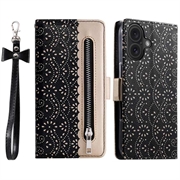 Husă Portofel iPhone 16 Plus - Lace Pattern - Negru