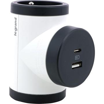 Legrand 049437 Bi-Plug rotativ cu 2 ieșiri laterale 2P+T și USB-A/USB-C - alb / gri închis