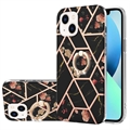 Husă TPU iPhone 15 - Marble Pattern IMD cu Suport pentru Inel - Negru