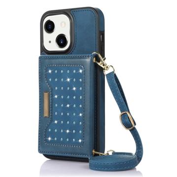 Husă cu Portofel iPhone 14 Plus - Rhinestone Decor - Albastru