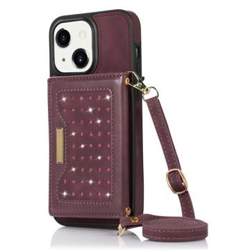 Husă cu Portofel iPhone 14 Plus - Rhinestone Decor - Roșu Vin