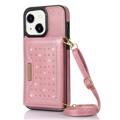 Husă cu Portofel iPhone 14 Plus - Rhinestone Decor - Auriu Roze