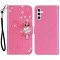 Samsung Galaxy A35 Bufniță Owl Rhinestone portofel caz - Roz Intens