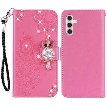 Samsung Galaxy A35 Bufniță Owl Rhinestone portofel caz - Roz Intens