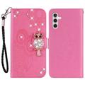 Samsung Galaxy A54 5G Bufniță Owl Rhinestone portofel caz - Roz Intens