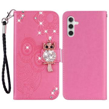 Samsung Galaxy A54 5G Bufniță Owl Rhinestone portofel caz - Roz Intens