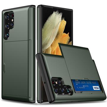 Husă Hibridă Samsung Galaxy S22 Ultra 5G cu Slot Glisant pentru Card - Verde Army