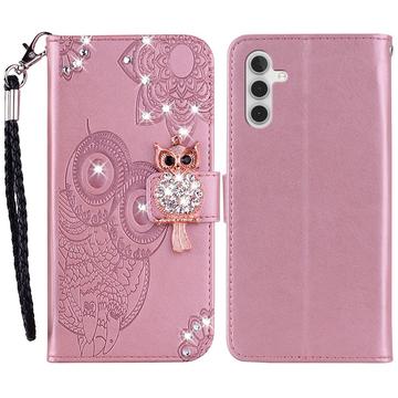 Samsung Galaxy S24 Owl Owl Rhinestone Wallet Case - Rose Gold