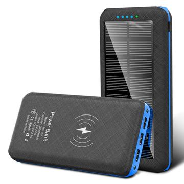 Solar Power Bank 20000mAh cu încărcare fără fir, 3x porturi USB, lanternă LED dublă - Albastru / Negru