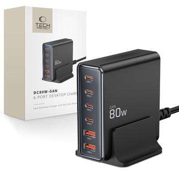 Încărcător de birou Tech-Protect DC80W GaN cu 6 porturi, 4x PD USB-C, 2x QC 3.0 USB-A - Negru