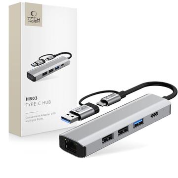 Tech-Protect HB03 Adaptor hub USB-C 5 în 1 cu USB 2.0, USB 3.0, RJ45 Ethernet și Type-C - Gri spațial