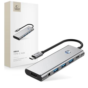 Tech-Protect HB04 9-in-1 Adaptor hub USB-C cu USB-A/HDMI/SD/TF Cititor de carduri/USB-C 100W PD/3.5mm - Gri spațial