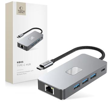 Adaptor hub USB-C 9 în 1 Tech-Protect HB05 cu HDMI 4K 60Hz, cititoare de carduri SD/TF, USB-C 100W PD, RJ45 Ethernet, USB 3.0/2.0 - gri spațial