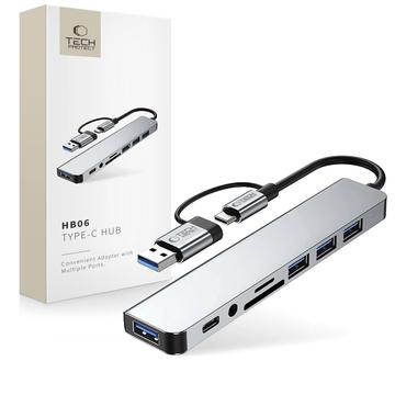 Adaptor hub Tech-Protect HB06 9 în 1 USB-A/USB-C cu USB 2.0, USB 3.0, cititoare de carduri SD/TF, mufă audio de 3.5mm, Type-C - Gri spațial