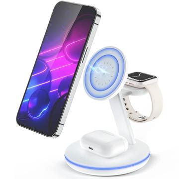 W309 Încărcător wireless magnetic 3 în 1 de 15 W Max cu lumină ambientală - pentru Apple Watch, telefon și căști