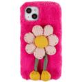 Husă TPU iPhone 14 Plus - 3D Plush Iarnă cu Blană - Flor Roz Intens