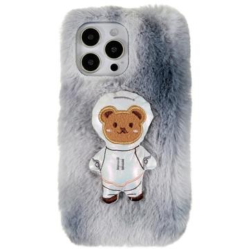 Husă TPU iPhone 14 Pro Max - 3D Plush Iarnă cu Blană - Urs Gri