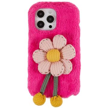 Husă TPU iPhone 14 Pro - 3D Plush Iarnă cu blană - Flor Roz Intens