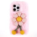 Husă TPU iPhone 14 Pro - 3D Plush Iarnă cu blană - Floare Roz