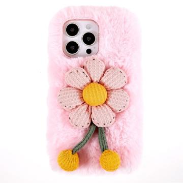 Husă TPU iPhone 14 Pro - 3D Plush Iarnă cu blană - Floare Roz