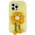 Husă TPU iPhone 14 Pro - 3D Plush Iarnă cu blană - Floare Galben