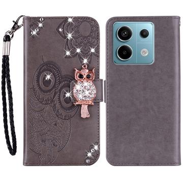 Xiaomi Redmi Note 13 Pro/Poco X6 Bufniță Rhinestone portofel caz - Gri