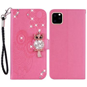 iPhone 14 Bufniță Rhinestone portofel caz - Roz Intens