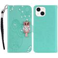 iPhone 15 Plus Bufniță Owl Rhinestone portofel caz - Cyan