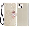 iPhone 15 Plus Owl Owl Rhinestone Wallet Case - Aur