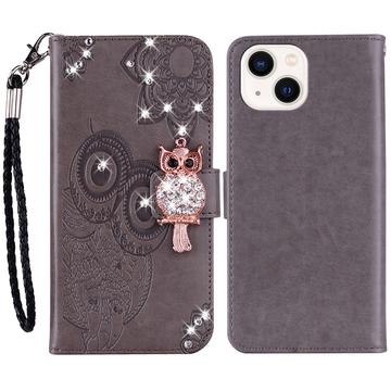 iPhone 15 Plus Owl Owl Rhinestone Wallet Case - Gri