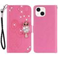 iPhone 15 Plus Bufniță Owl Rhinestone portofel caz - Roz Intens