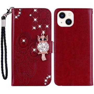 iPhone 15 Plus Owl Owl Rhinestone Wallet Case - Roșu