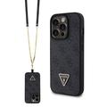 Husă iPhone 15 Pro cu Curea Crossbody - Guess 4G Strass Triangle Metal Logo - Negru