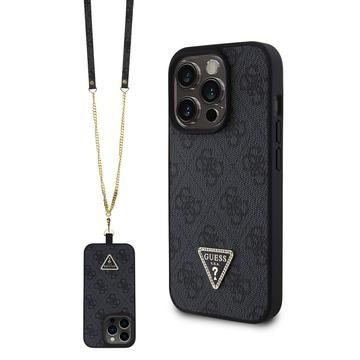 Husă iPhone 15 Pro cu Curea Crossbody - Guess 4G Strass Triangle Metal Logo - Negru