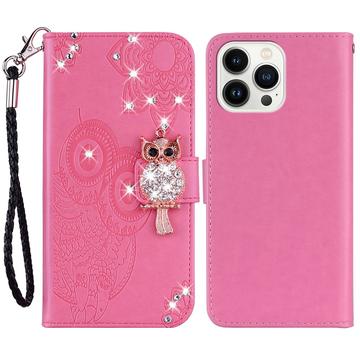 iPhone 15 Pro Max Bufniță Owl Rhinestone portofel caz - Roz Intens