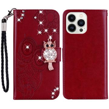 iPhone 15 Pro Max Owl Owl Rhinestone Wallet Case - Roșu