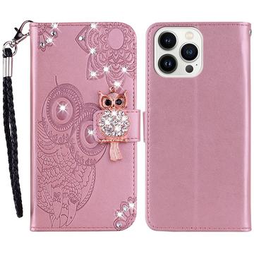 iPhone 15 Pro Max Owl Owl Rhinestone Wallet Case - Rose Gold