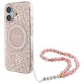 Husă cu curea din perle iPhone 16 Guess IML Flowers Allover Electro - compatibil MagSafe - roz