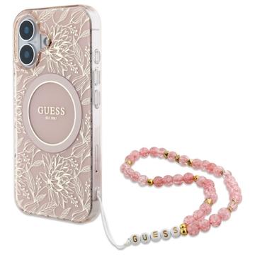 Husă cu curea din perle iPhone 16 Guess IML Flowers Allover Electro - compatibil MagSafe