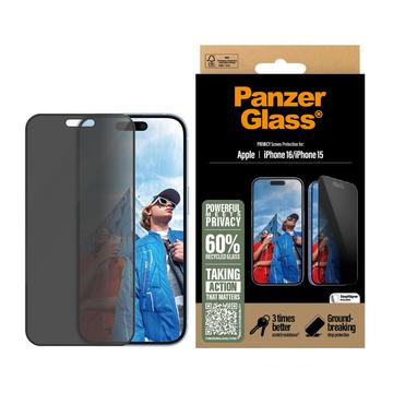 Geam Protecție Ecran iPhone 16/15 - PanzerGlass Ultra-Wide Fit Privacy EasyAligner - Marginea neagră