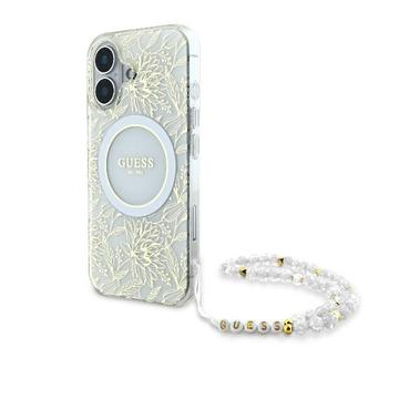 Husă cu curea din perle iPhone 16 Plus Guess IML Flowers Allover Electro - compatibil MagSafe - alb