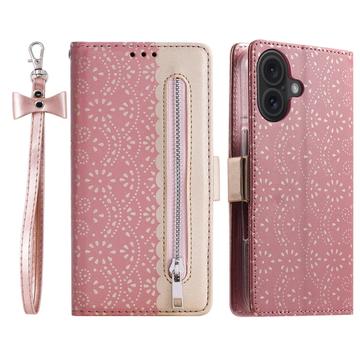 Husă Portofel iPhone 16 Plus - Lace Pattern - Auriu Roze